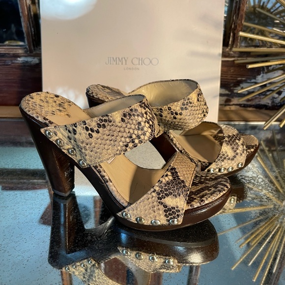 JIMMY CHOO sz 39 Ulrika platform snakeskin gold stud block wood heel. Never worn - Picture 4 of 9